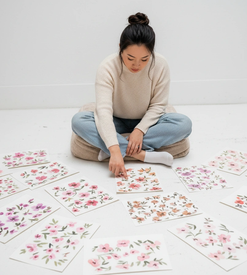 Woman holding looking at floral design seamless pattern